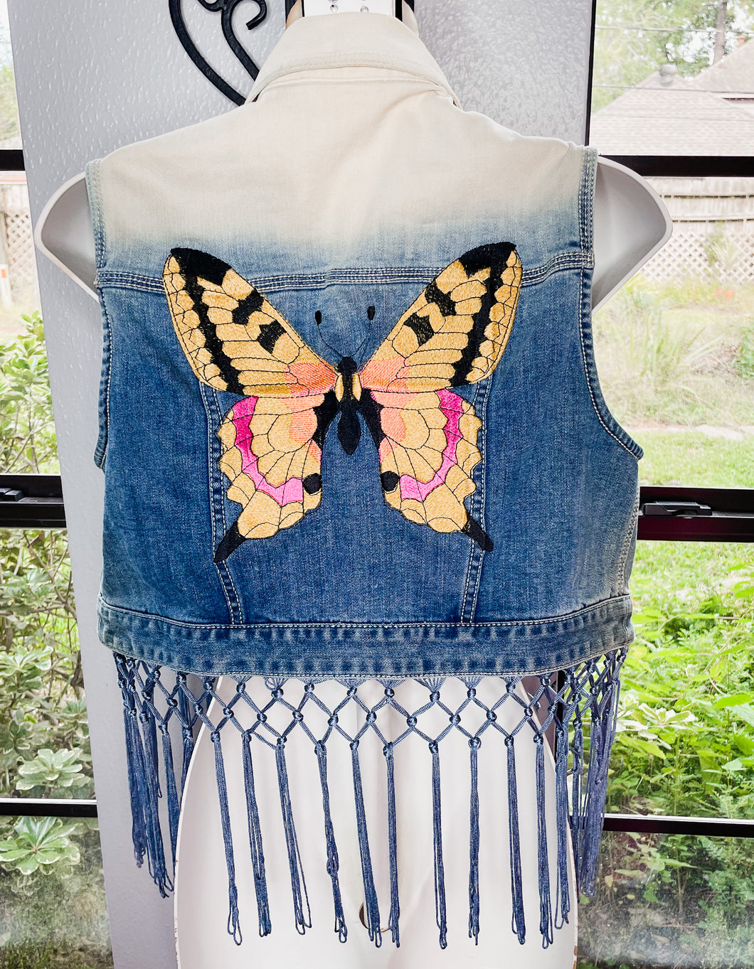 Custom Embroidered Ombre Jean Vest Yellow Butterfly