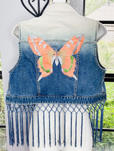 Load image into Gallery viewer, Custom Embroidered Ombre Jean Vest Orange Butterfly

