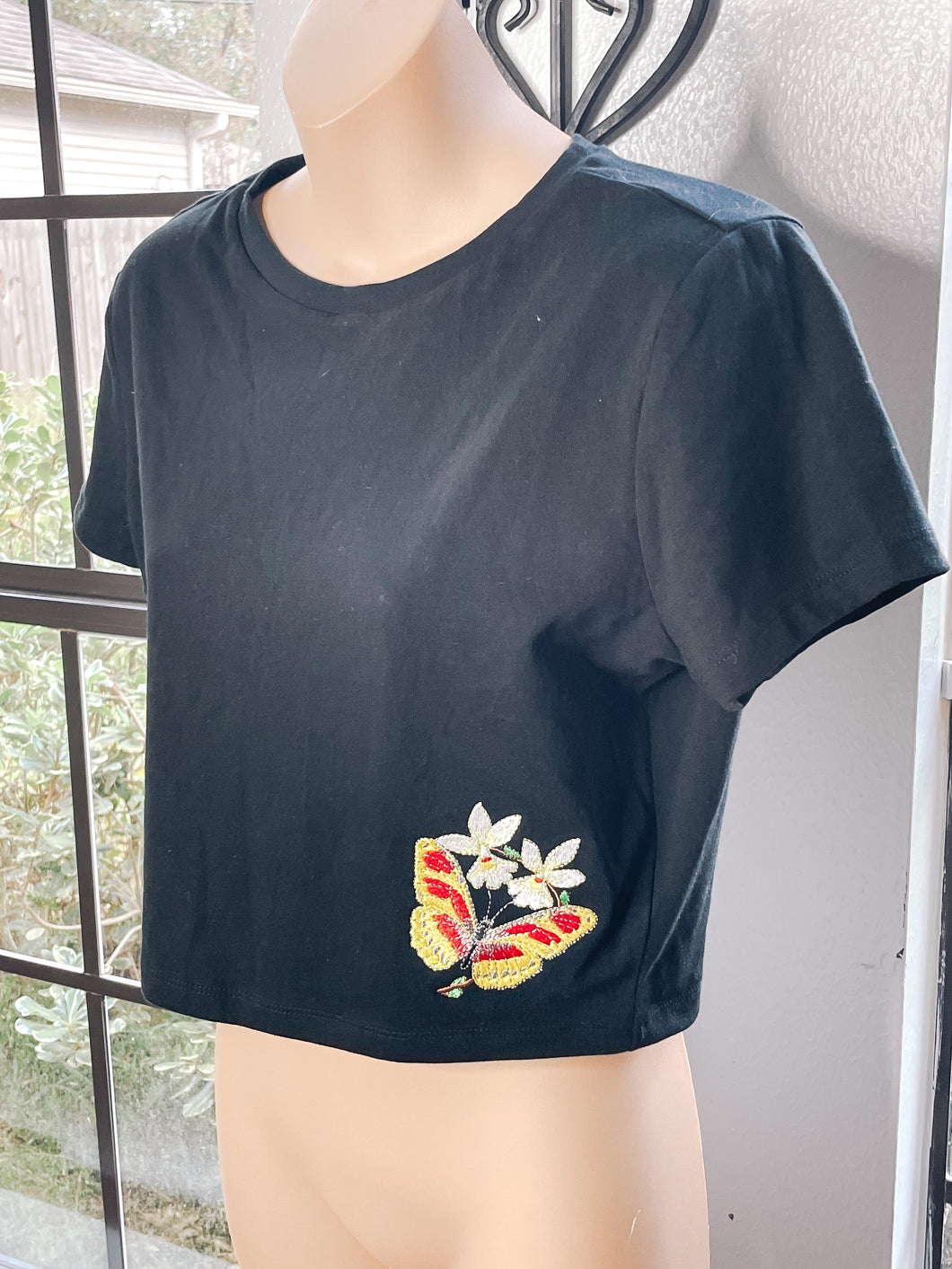 Custom Black Crop Top with Yellow Butterfly