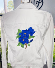 Load image into Gallery viewer, Custom Blue Floral Embroidered White Denim Jacket
