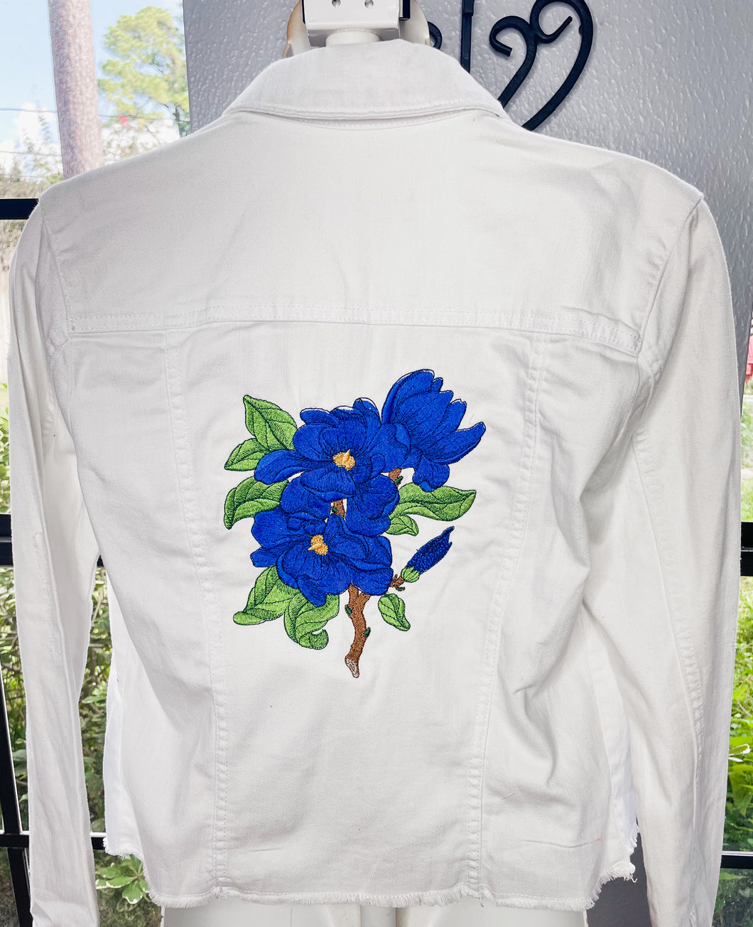Custom Blue Floral Embroidered White Denim Jacket