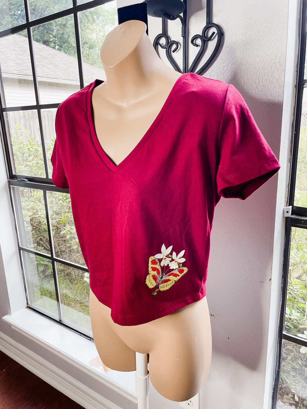 Custom Yellow Butterfly Burgundy Embroidered Crop Top