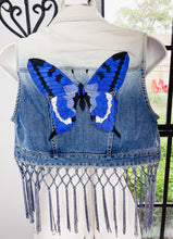 Load image into Gallery viewer, Custom Embroidered Ombre Jean Vest Blue Butterfly
