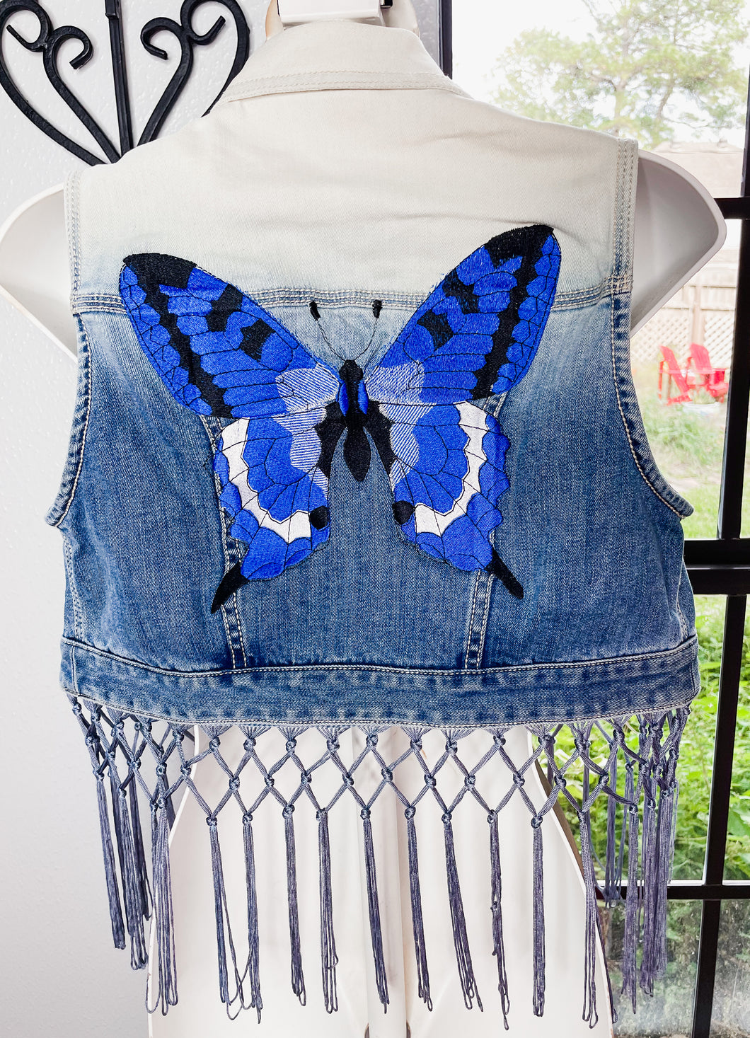 Custom Embroidered Ombre Jean Vest Blue Butterfly
