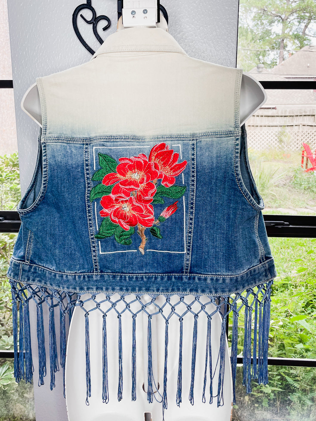 Custom Embroidered Ombré Jean Vest Red Floral
