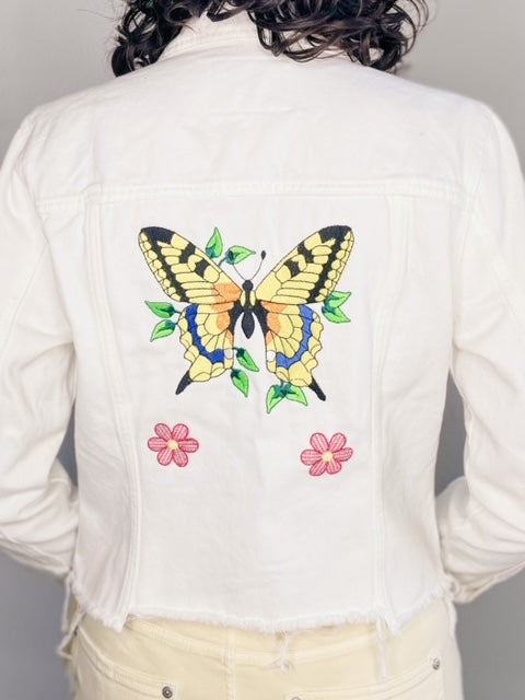 White Custom Embroidery Denim Jacket, One of a Kind