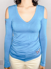 Load image into Gallery viewer, Custom Embroidered Turquoise Cold Shoulder Top
