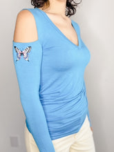 Load image into Gallery viewer, Custom Embroidered Turquoise Cold Shoulder Top
